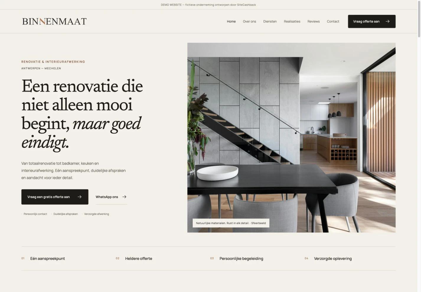 BINNENMAAT-demowebsite op desktop, met het definitieve logo en de rustige renovatiehero.